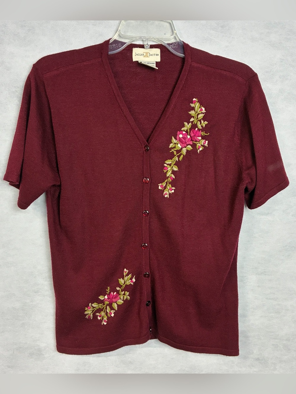 Jaclyn Smith Sweater Cardigan Womens Medium Burgundy Floral Embroidered Flaw